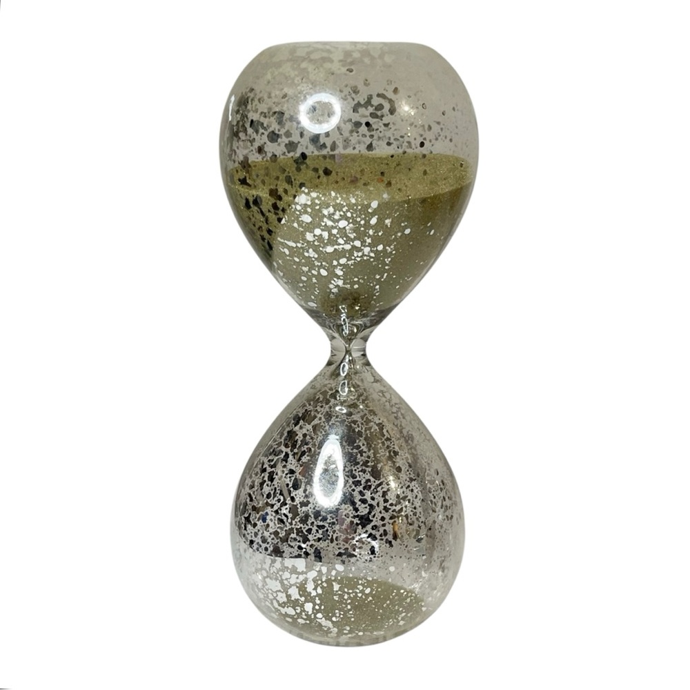 Hourglass Mercury Glass 30 Minute Timer Silver Flecks Gold Sand Statement Piece